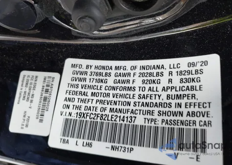 2020 Honda Civic Sport z USA, uszkodzony, nr VIN 19XFC2F82LE214137